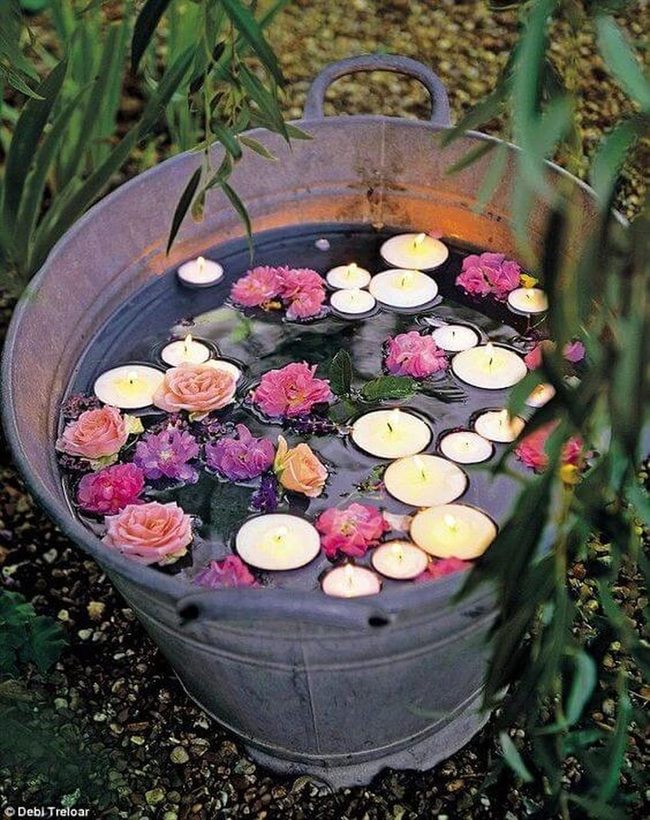 Weathered Metal Bucket Garden Centerpiece