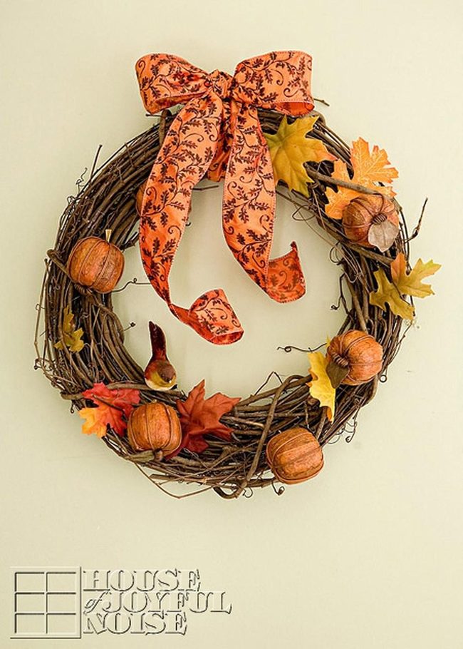 Orange Leaves, Patterned Ribbon Wreath