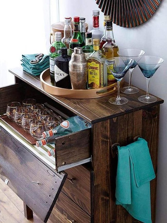 Dark Wood Bar Cart With Blue Stems