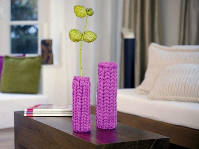 Purple Knit Vases, Natural Wood