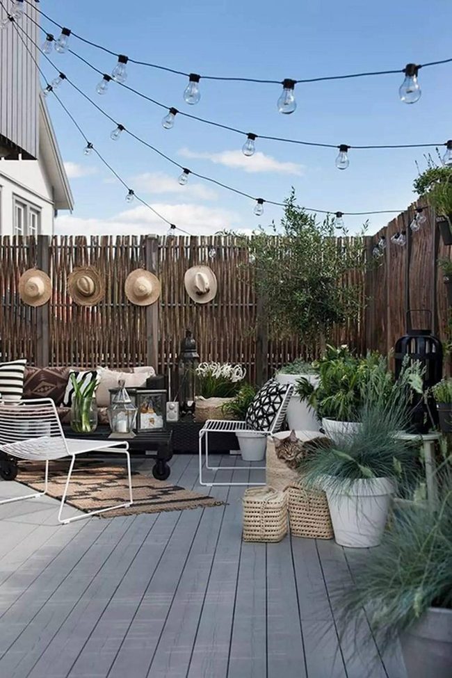 Golden Lights Over Green Garden Patio