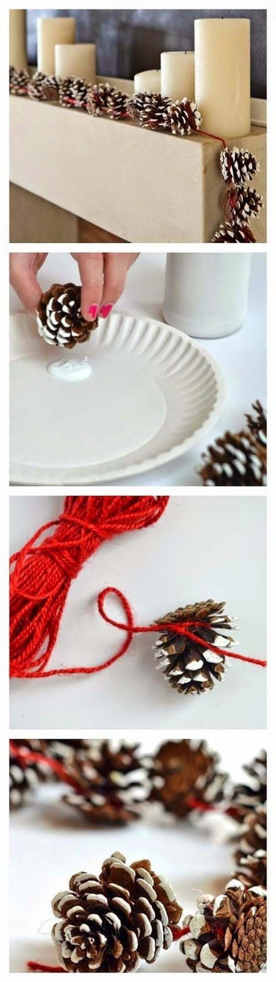 White-Dipped Pinecones With Red Yarn
