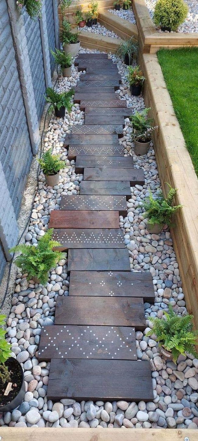 River Stone & Wooden Garden Pathways