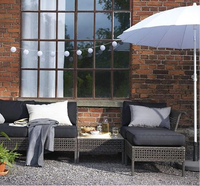 Dark Wicker, Cream Cushions, String Lights