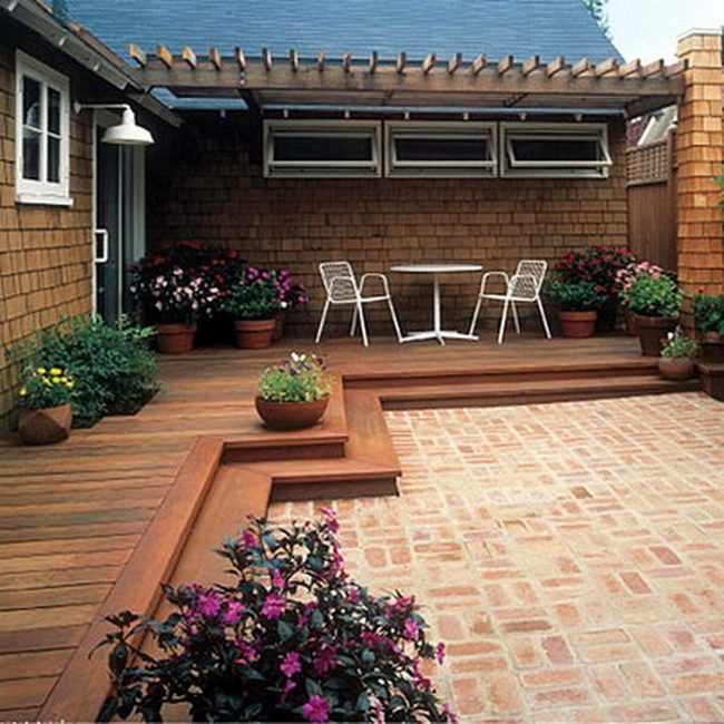 Brick Patio, Potted Flowers, Wooden Pergola