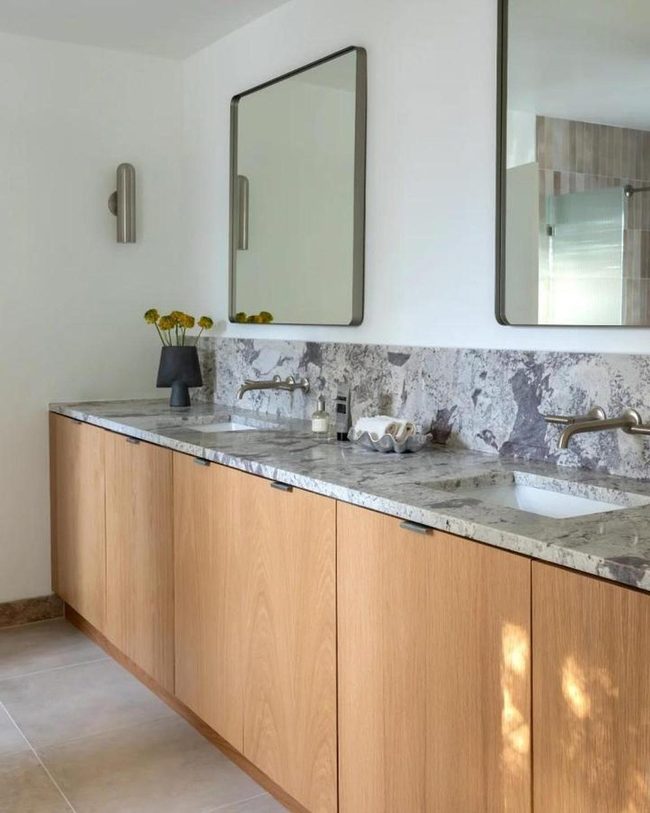 Oak Floating Vanity Meets Marble