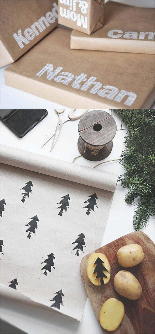 Handcarved Potato Stamp Wrapping