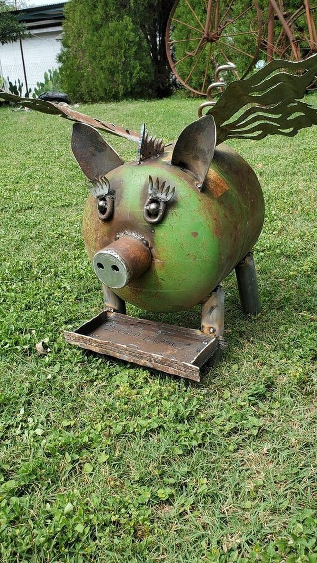 Winged Metal Pig Garden Sculpture
