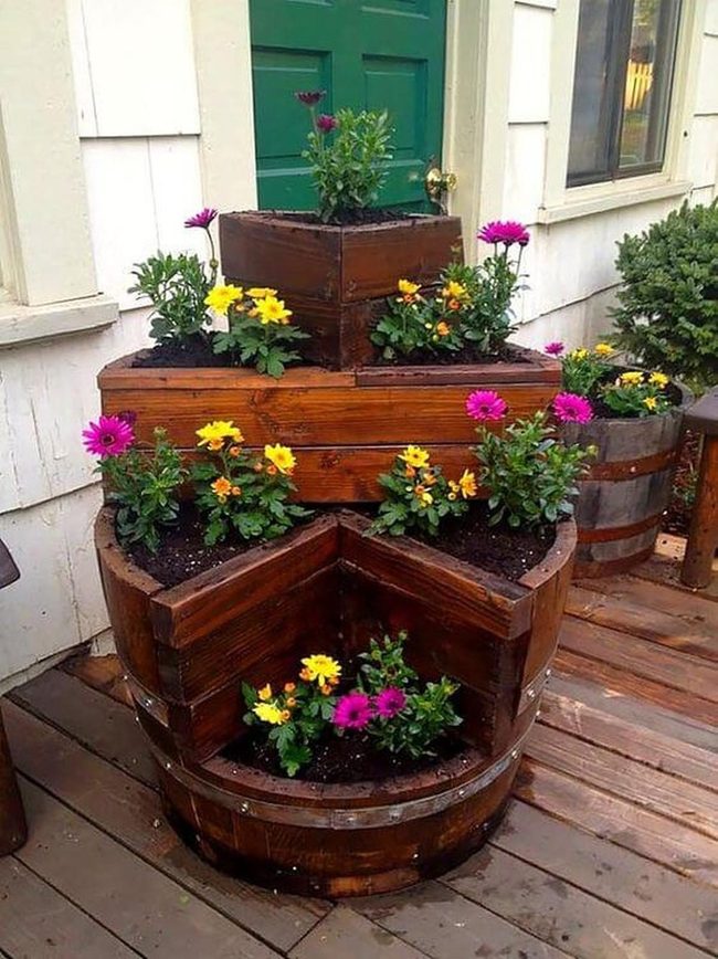 Stacked Wood Planter With Golden Blooms