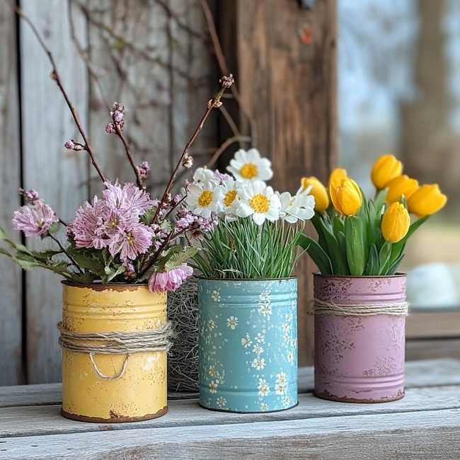 Painted Tin Cans Spring Flowers