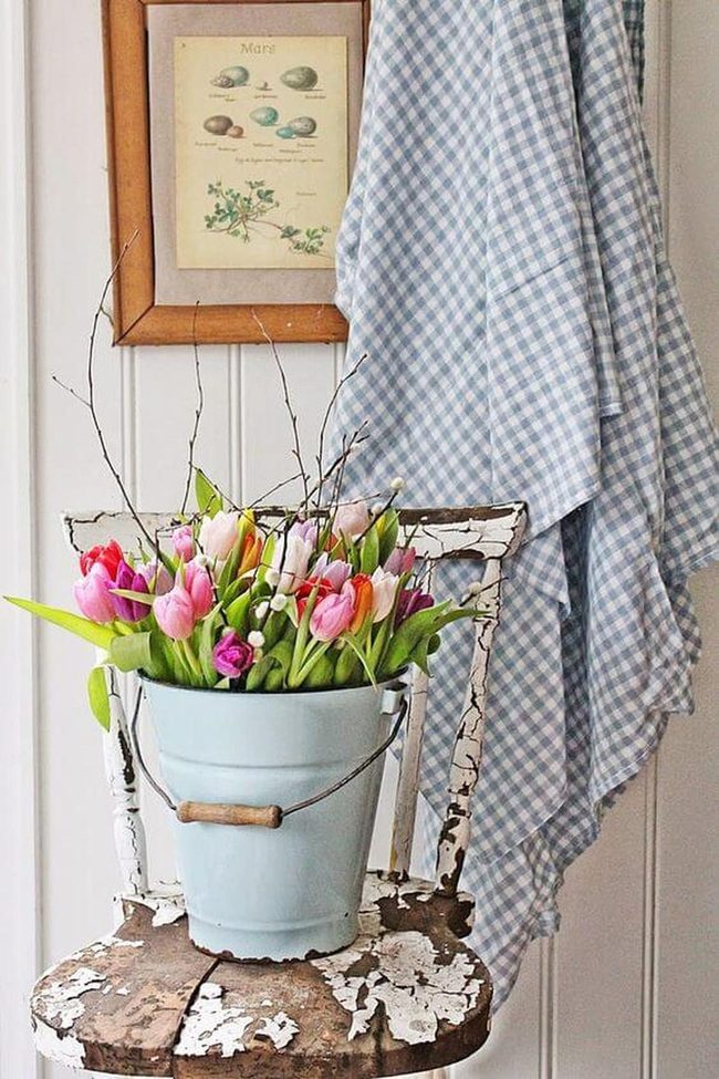 Weathered Metal Bucket Tulips