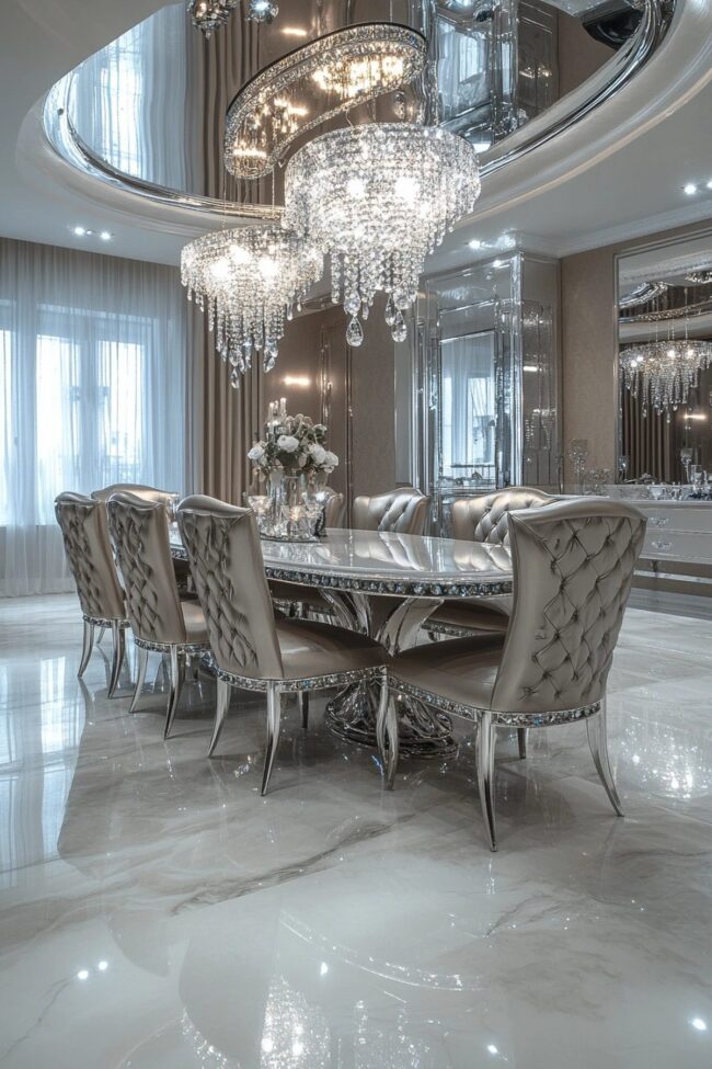Shimmering Chrome and Crystal Dining Space