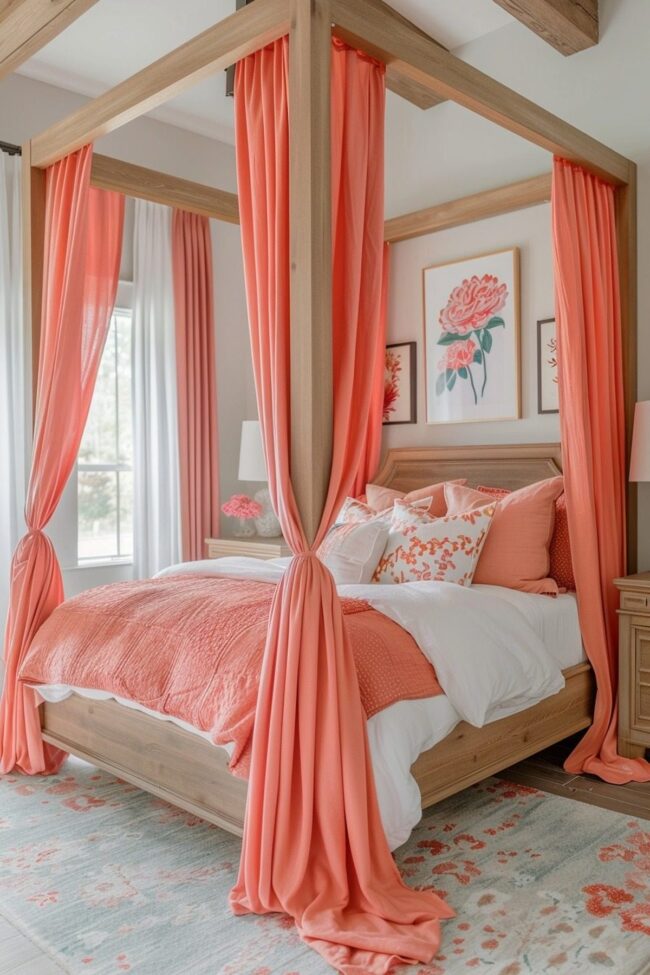 Vibrant Coral Canopy Drapes